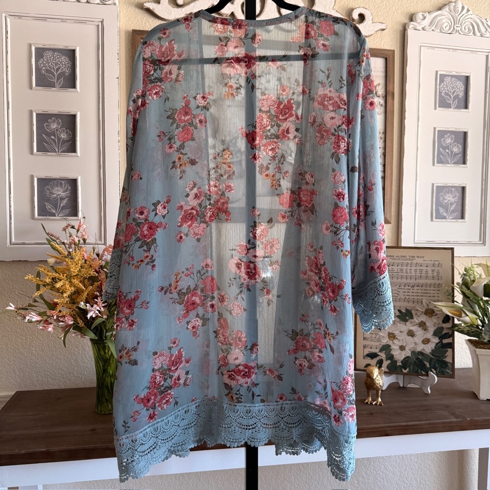 Floral Sheer Kimono Duster with Crochet Light Blue Pink Boho Layering Romantic - Picture 3 of 16